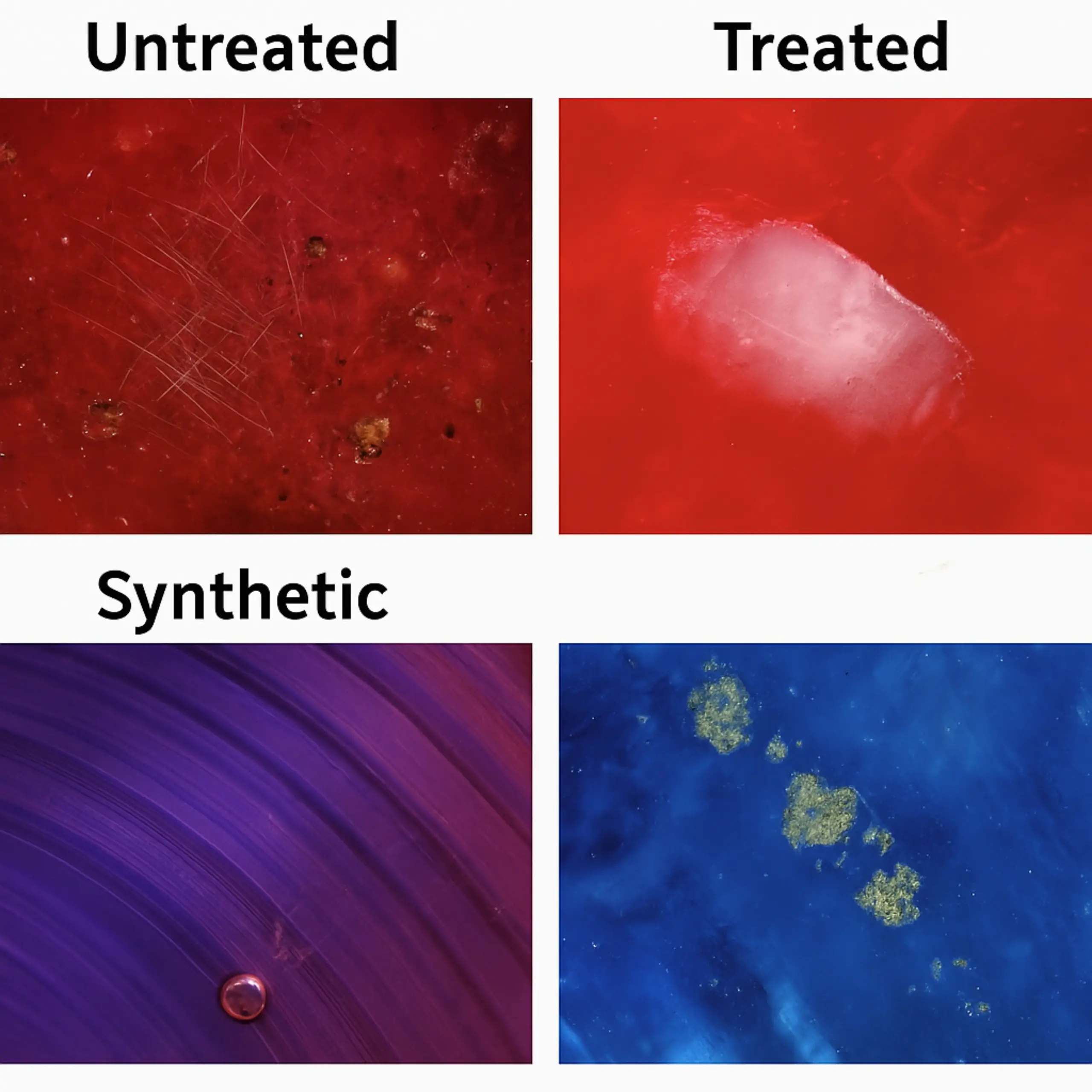 Example inclusion images for untreated, treated, and synthetic corundum